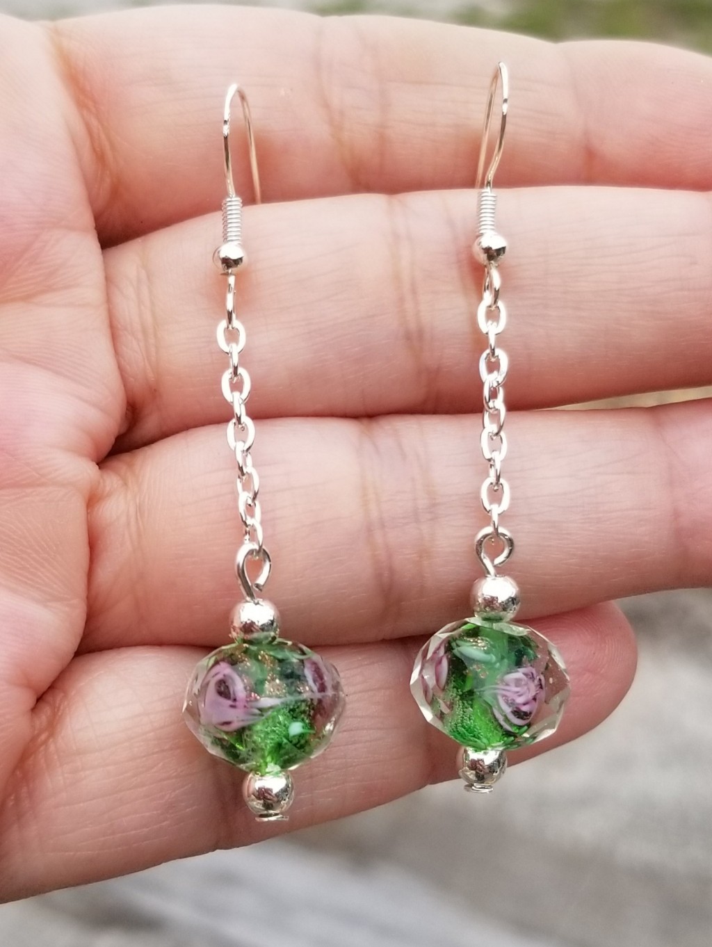 Sterling Silver Lampwork Glass Bead Dangle Earrings, Green Floral Glass Beads